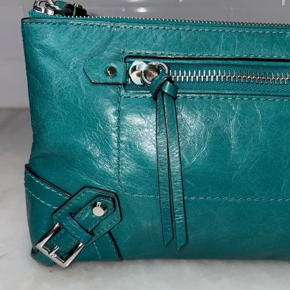 Michael Kors Purse Bag Fallon Large Leather Zip Clutch Wristlet Teal Aqua HTF